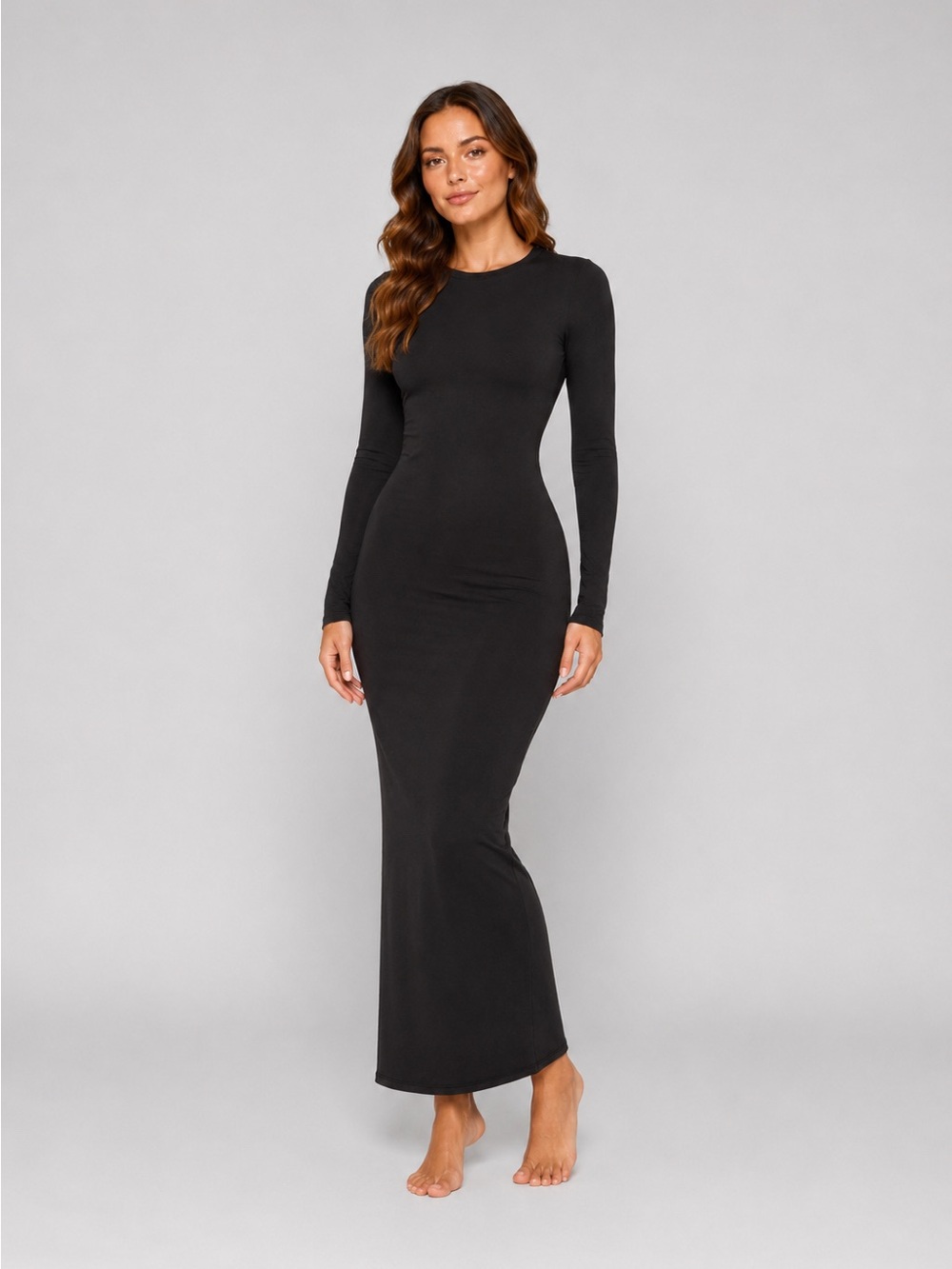 SKIMS Fits Everybody Crew Neck Long Sleeve Dress | Onyx